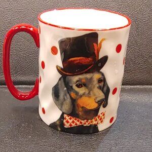 Dog with Top Hat in Tux with Red Handle Coffee Cup